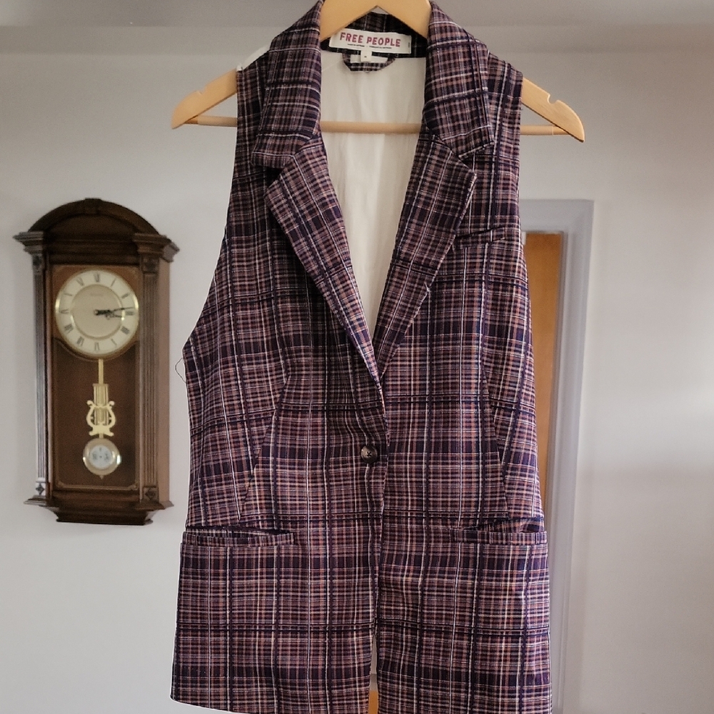 Free People Women's Checkered Vest - Purple and Black